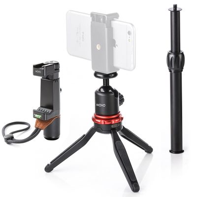 Movo MV-T1 Aluminum Alloy Tabletop Tripod with Adjustable Ball Head, Expandable Shaft with the Universal Smartphone Grip for iPhone 5, 5C, 5S, 6, 6S, 7, 8, X, XS, XS Max, 11, 11 Pro, Samsung Galaxy