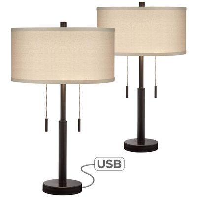 Bernie 25" High Table Lamps Set of 2 Bronze Brown USB Ports A+C Charging