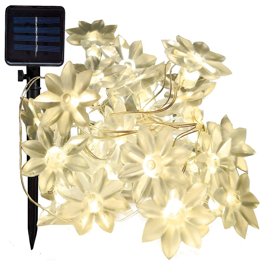 Hometown Evolution, Inc. Solar Powered Lotus Flower String Lights - 30 LED Warm White, 8 Modes, Outdoor Waterproof for Gardens, Patios, Yards, Home, Parties and More