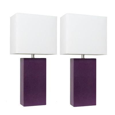 Elegant Designs LC2000-EGP-2PK 2 Pack Modern Leather Table Lamps with White Fabric Shades, Eggplant