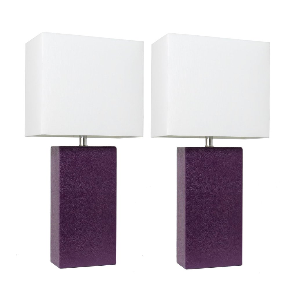 Elegant Designs LC2000-EGP-2PK 2 Pack Modern Leather Table Lamps with White Fabric Shades, Eggplant