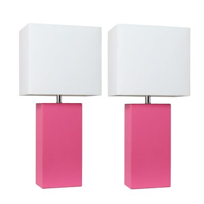 Elegant Designs LC2000-HPK-2PK 2 Pack Modern Leather Table Lamps with White Fabric Shades, Hot Pink
