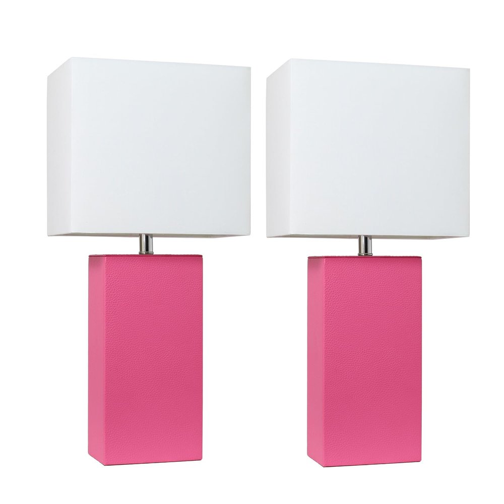 Elegant Designs LC2000-HPK-2PK 2 Pack Modern Leather Table Lamps with White Fabric Shades, Hot Pink