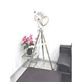 THOR INSTRUMENTS Nautical Studio Chrome Spot Search Light Floor Lamp Tripod Teak Wood Stand Rustic Vintage Home Decor Gifts