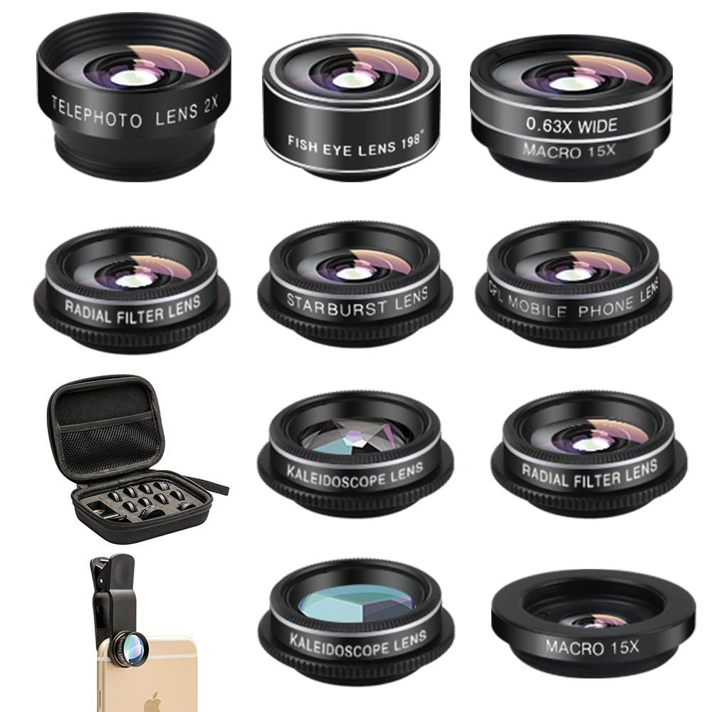 Mocalaca Phone Camera Lens (11 Lenses) Phone Lens Kit, Clip on Fisheye/Macro/Wide Angle Lens Attachment with Travel Case for iPhone 14 13 12 11 Xs X Pro Max Samsung Android Smartphone