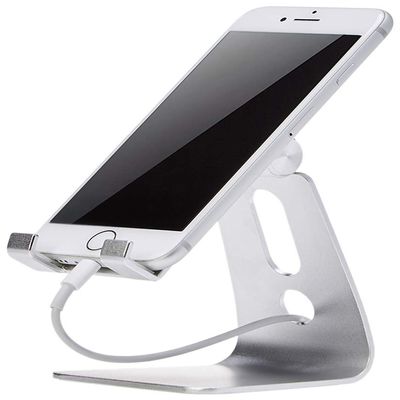 Amazon Basics Adjustable Aluminum Phone Stand for Cell Phones, iPhone and Android, 3.15 x 2.87 x 3.74 inch, Silver