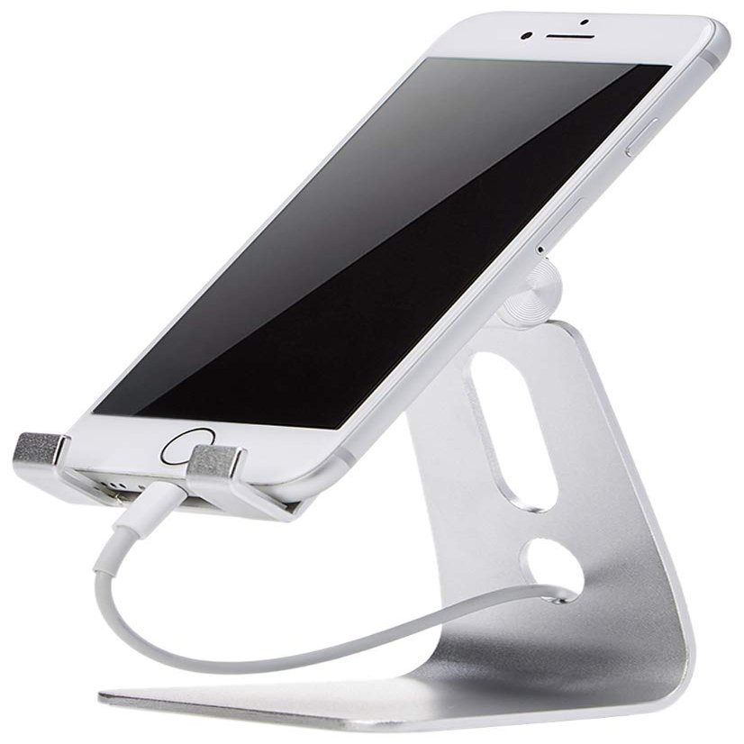 Amazon Basics Adjustable Aluminum Phone Stand for Cell Phones, iPhone and Android, 3.15 x 2.87 x 3.74 inch, Silver