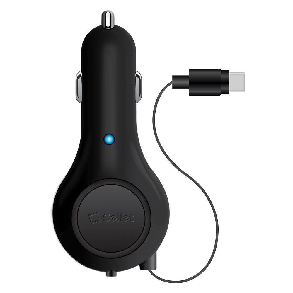 Cellet Retractable USB-C Car Charger 15W Fast Charging, 3.3ft Cable, 3A Output, Blue LED Indicator Compatible with Apple iPhone 15/16 Series & Samsung Android USB-C Devices Compact, Tangle-Free