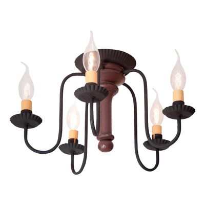 Irvin's Tinware, 9121TPLR, 5 Light Berkshire Semi-Flush Mount Wood Ceiling Light in Plantation Red, Wood Primitive Country Lighting
