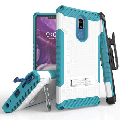 Beyond Cell TriShield Compatible With LG Stylo 4 Case/ Stylo 4 Plus Case/ Q Stylus/ Stylus 4 Case/ Trishield Durable Rugged Heavy Duty Phone Cover [ Belt Clip Holster] + Built in Kickstand (2018) - Light Blue