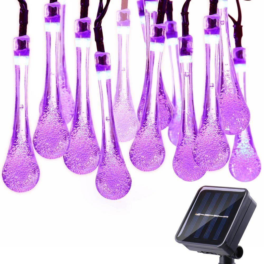 DINOWIN Solar Drop Lights, Water Drop Fairy Lights 20ft 30LEDs Solar Water Drop Waterproof for Outdoor, Garden, Christmas Decorations (Purple)