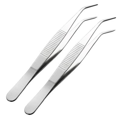 uxcell 5.5in Stainless Steel Tweezers w/Curved Pointed Serrated Tip 2 Pcs