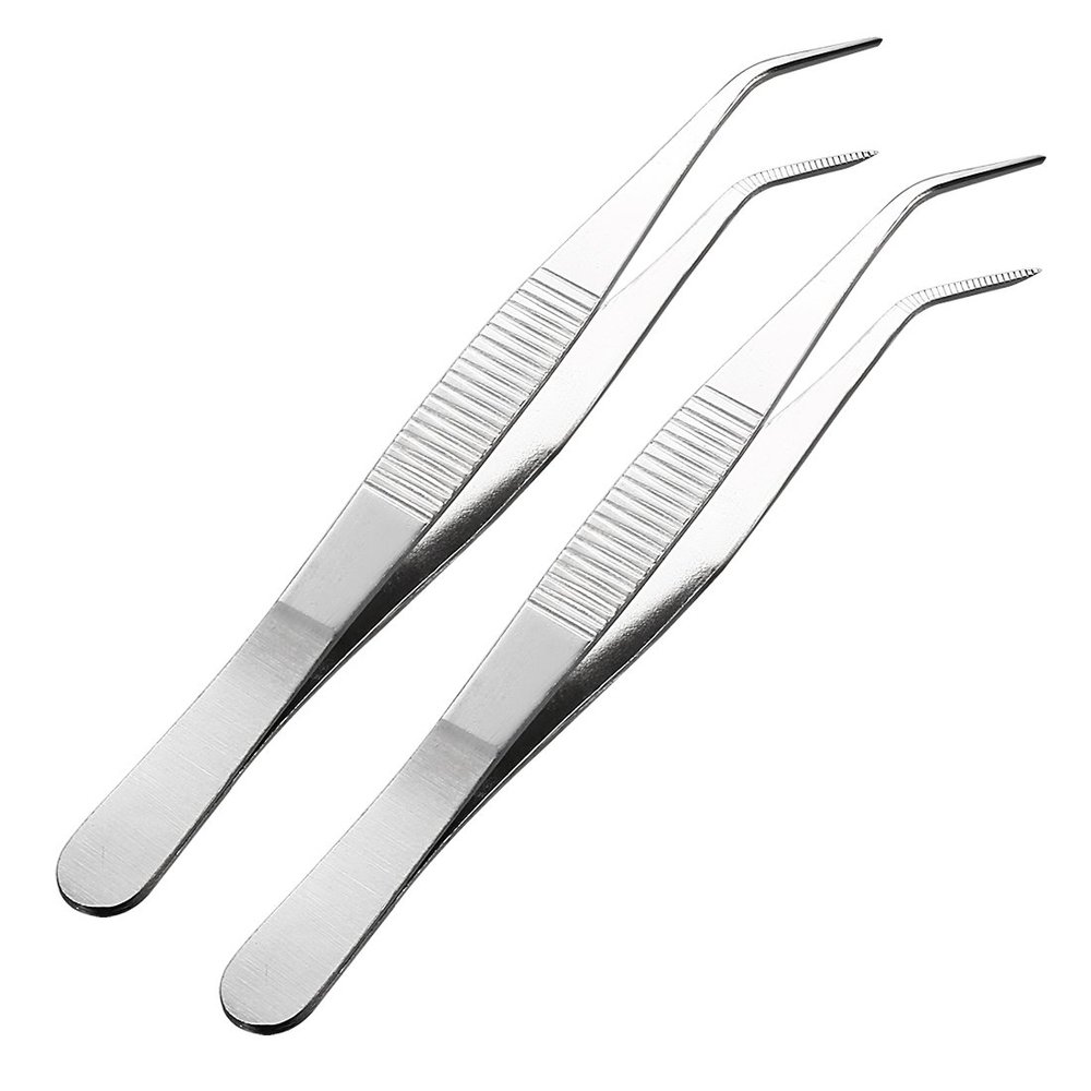 uxcell 5.5in Stainless Steel Tweezers w/Curved Pointed Serrated Tip 2 Pcs