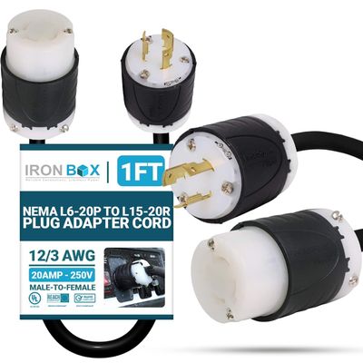 IronBox Electric - NEMA L6-20P to L15-20R Plug Adapter Power Cord - Rated for 20A/250V - 12/3 AWG - Cable for Server Racks or Data Centers - Ideal for Industrial & Commercial Applications (1 Foot)