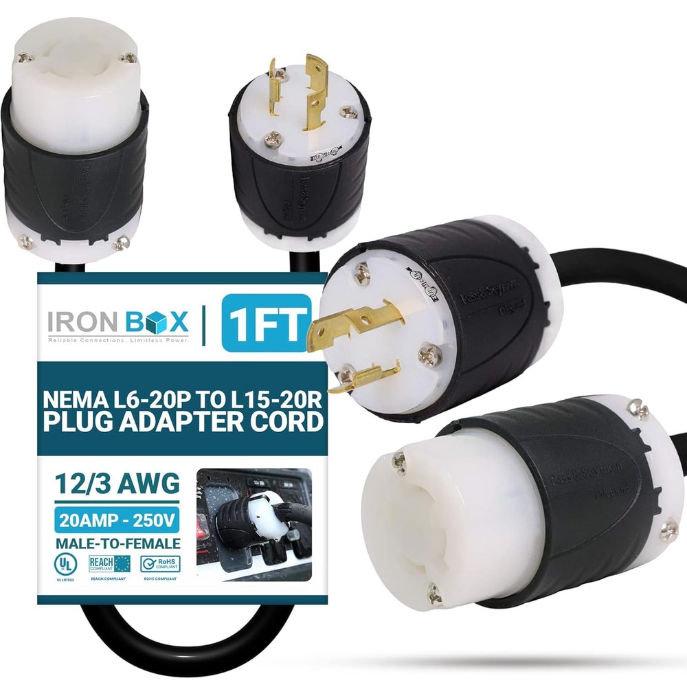 IronBox Electric - NEMA L6-20P to L15-20R Plug Adapter Power Cord - Rated for 20A/250V - 12/3 AWG - Cable for Server Racks or Data Centers - Ideal for Industrial & Commercial Applications (1 Foot)