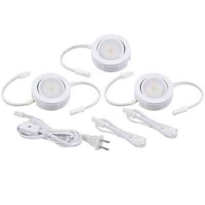 MVP Three Puck Kit with Roll Switch and 6 Foot Power Cord, Dimmable Swivel LED Puck Lights, Linkable, cETLus Listed, 2-3/4-Inch, 3000K White, 3-Pack Puck Kit