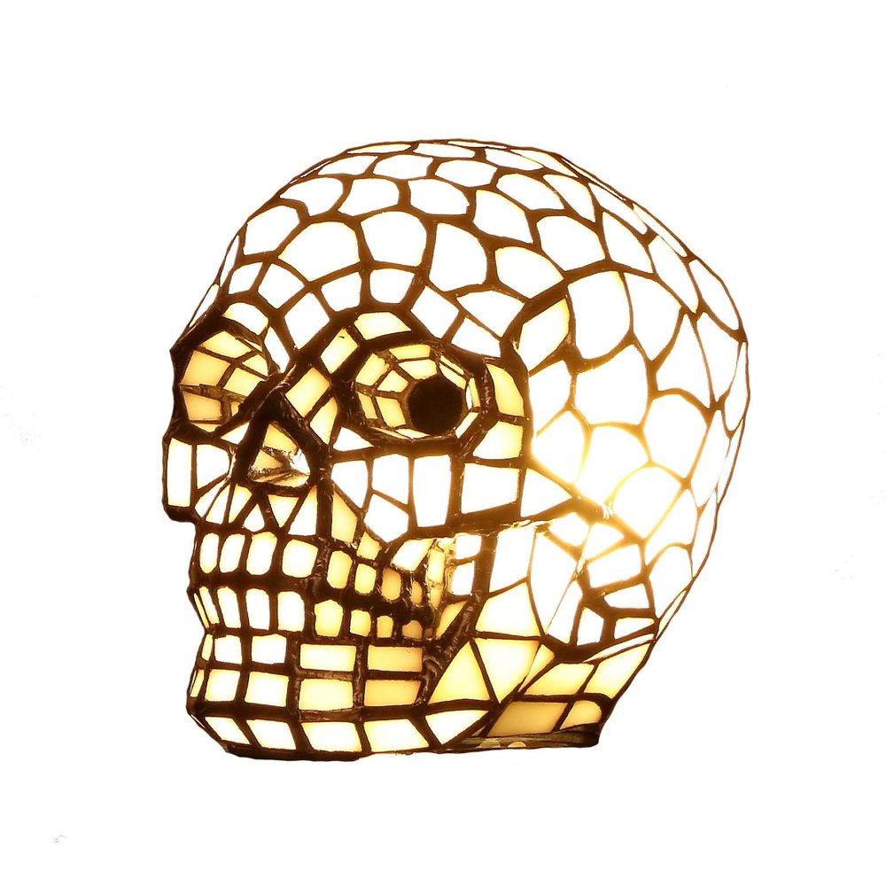 Bieye L10649 Skull Tiffany Style Stained Glass Accent Table Lamp Night Light for Halloween Decor Skull Lovers, White