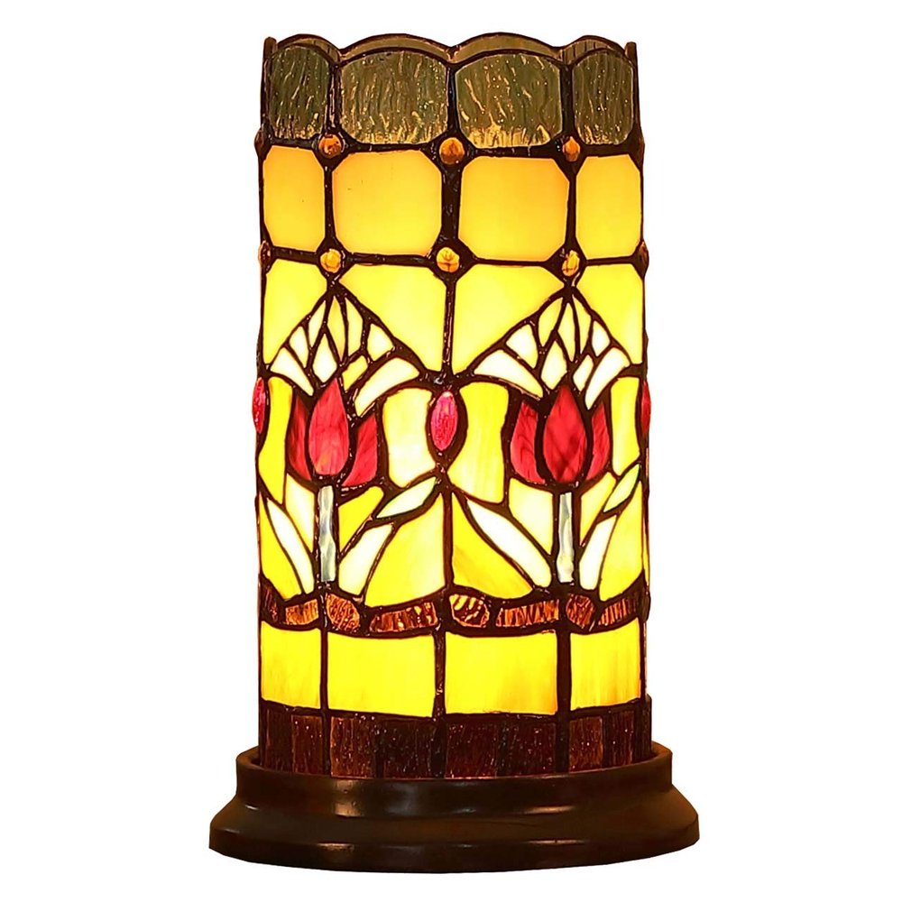 Bieye L10648 Tulip Flower Tiffany Style Stained Glass Mini Table Lamp Night Light with 5-inch Wide Lampshade for Bedside Bedroom Living Room Home Decoration, 10 inches Tall