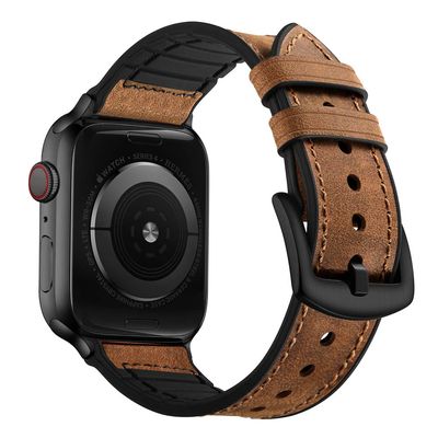 OUHENG Leather Bands Compatible with Apple Watch Band 49mm/46mm/45mm/44mm/42mm, Sweatproof Leather Rubber Hybrid Strap for iWatch Ultra 3/2/1 Series 11 10 9 8 7 6 5 4 3 2 1 SE 3/2/1, Brown/Black