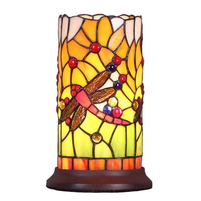 Bieye L10650 Dragonfly Tiffany Style Stained Glass Mini Table Lamp with Cylindrical Shade, 10 inch Tall