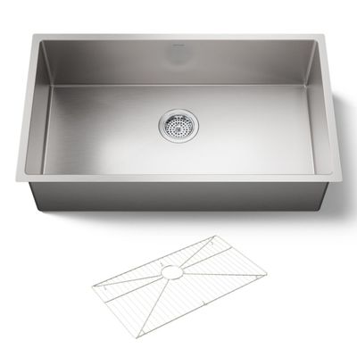 KOHLER Strive 32" Undermount Kitchen Sink, Single Bowl Kitchen Sinks with Basin Rack, Stainless Steel, K-5285-NA
