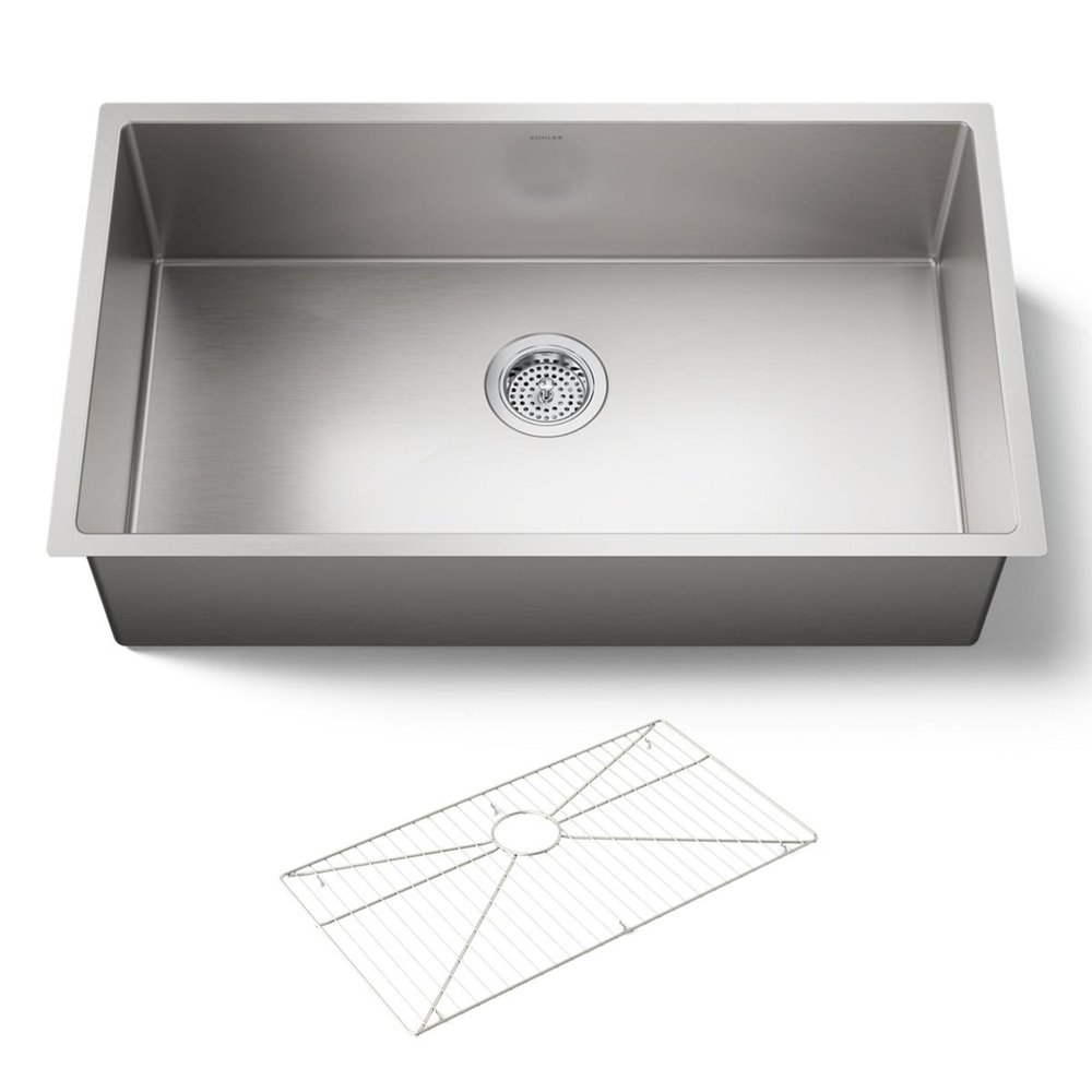 KOHLER Strive 32" Undermount Kitchen Sink, Single Bowl Kitchen Sinks with Basin Rack, Stainless Steel, K-5285-NA