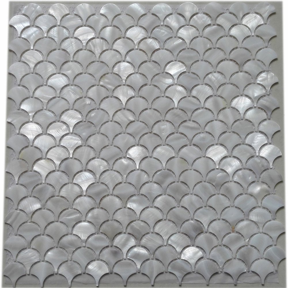 11PCS White Fish Scale Freshwater Shell Mosaic Tile Mother of Pearl Kitchen Backspalsh Bathroom Shower Wall Tiles TV Background Home Improvement Fan Pattern