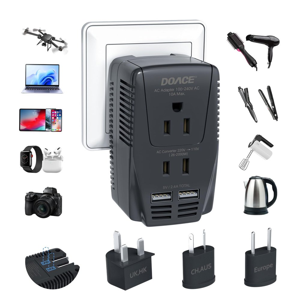 Upgraded 2000W 220V to 110V Converter for European Travel, Voltage Converter US to Europe for Hair Dryer Straightener Curling Iron, 2300W Adapter with EU/UK/AU/US Plugs for Laptop Camera Cell Phone