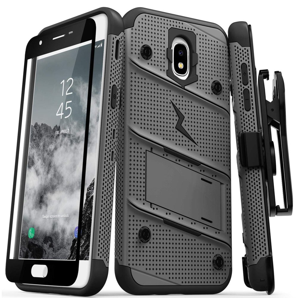 ZIZO Bolt Series Samsung Galaxy Amp Prime 3 Case Military Grade Drop Tested with Tempered Glass Screen Protector Holster Metal Gray