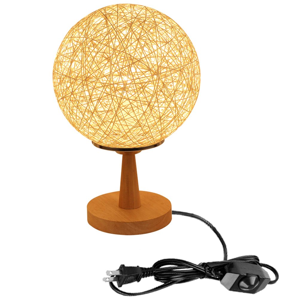STGLIGHTING Cream White Rattan Shade Wooden Base Bedroom Bedside Desk Lamp Simple Lamp Style Lighting with Dimmer Switch Cord Bulbs Not Included TD0293-DIM