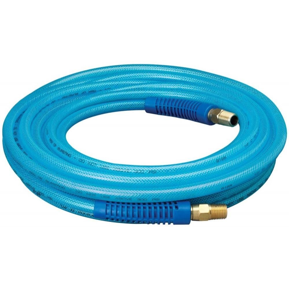 Amflo 12-25E Blue 300 PSI Polyurethane Air Hose 1/4" x 25' With 1/4" MNPT Swivel Ends And Bend Restrictor Fittings (4-Pack)