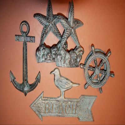 Southern Metal Beach House Warming Gift Set Antiqued-Look Cast Iron Beach Sign Door Knocker Bundle of 5 Pieces