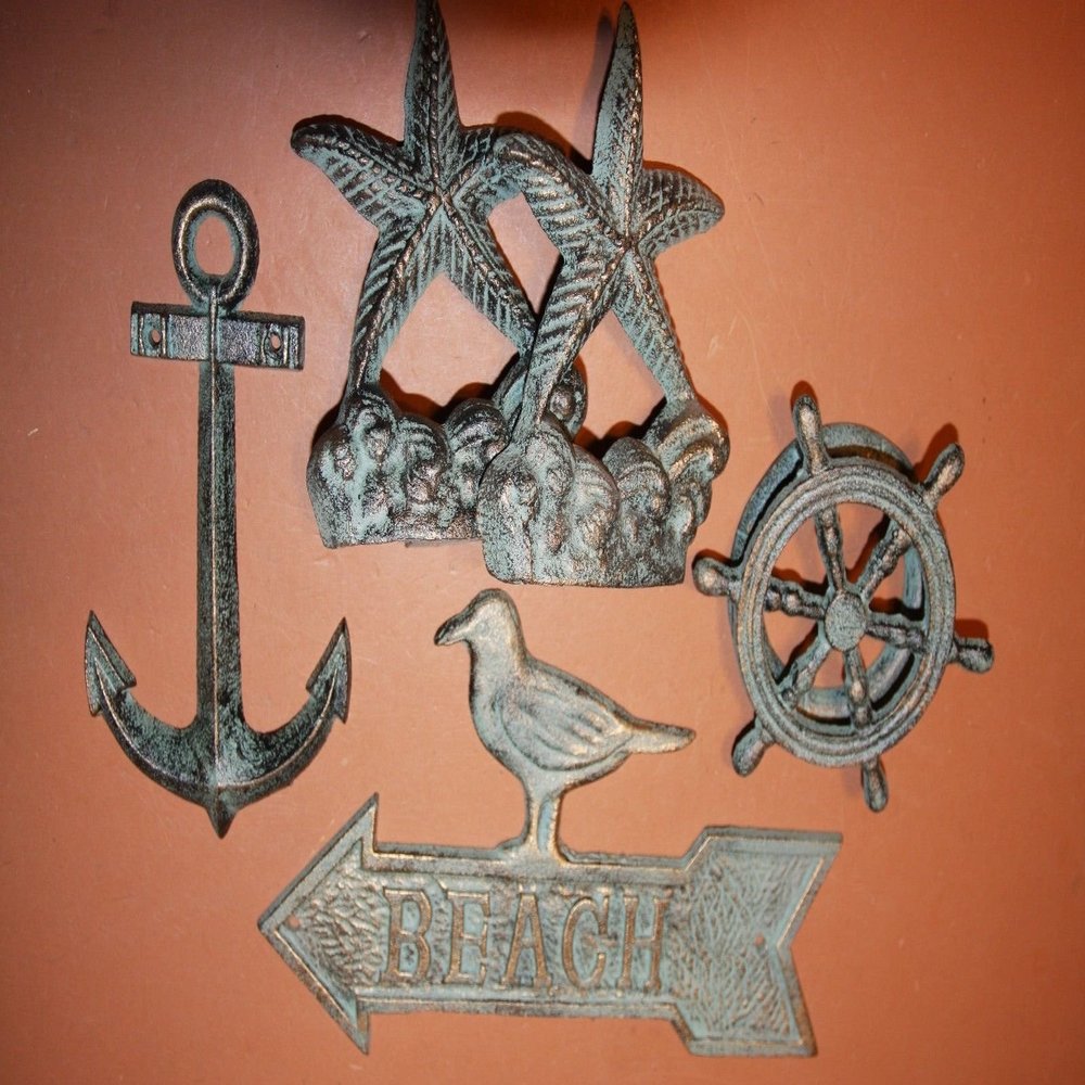 Southern Metal Beach House Warming Gift Set Antiqued-Look Cast Iron Beach Sign Door Knocker Bundle of 5 Pieces