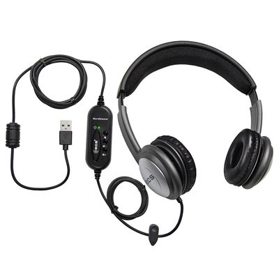 ECS WordSlinger Over Head USB Transcription Headset, Medical Transcriber Equipment Earphones with Leatherette Cushioning, Transcribing Headphones with Volume Control