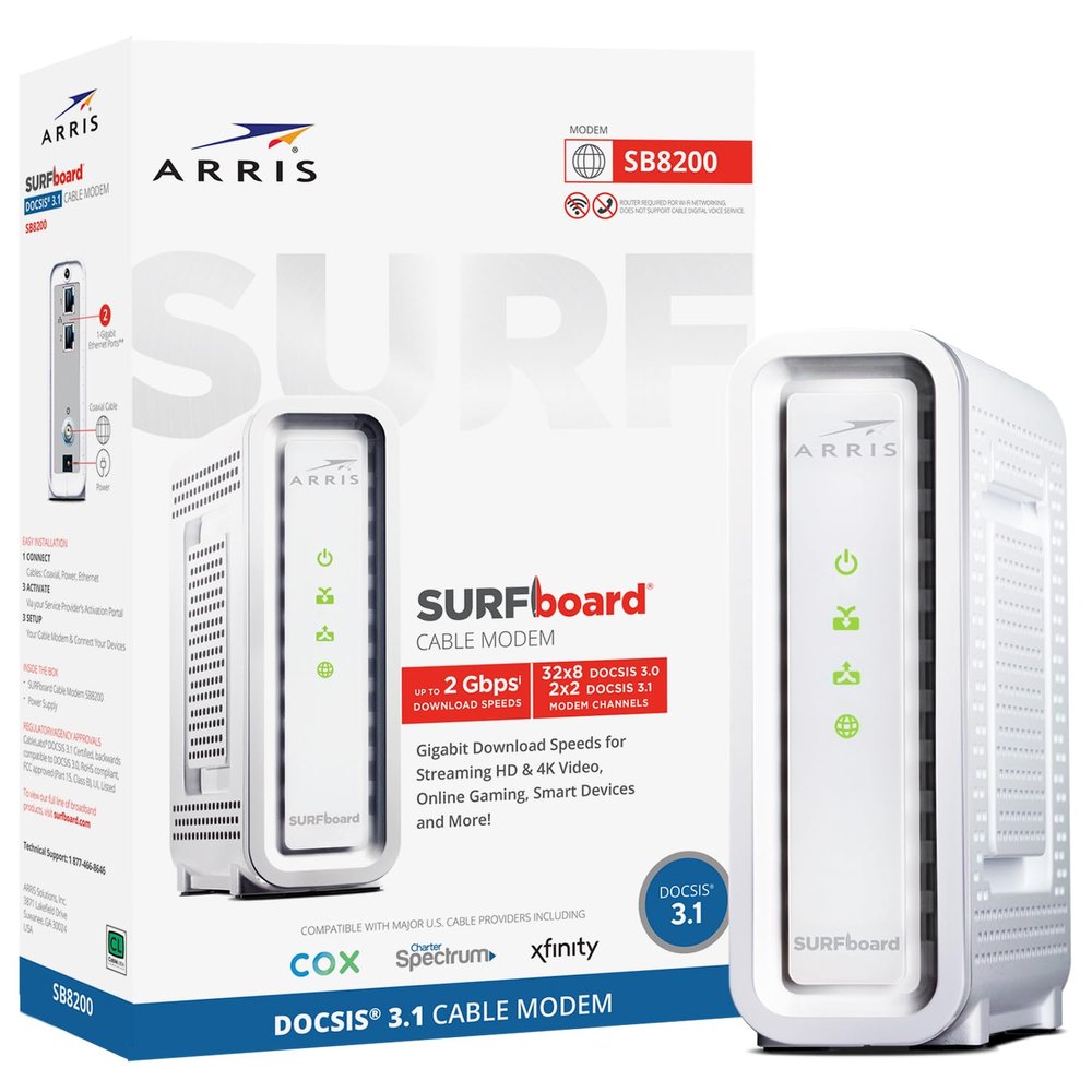 ARRIS SURFboard SB8200 DOCSIS 3.1 MultiGig Cable Modem | 2 -1Gbps Ethernet Ports | Works with Xfinity, Cox, Spectrum | For Cable Internet Plans up to 2Gbps | Modem Only, Router Required