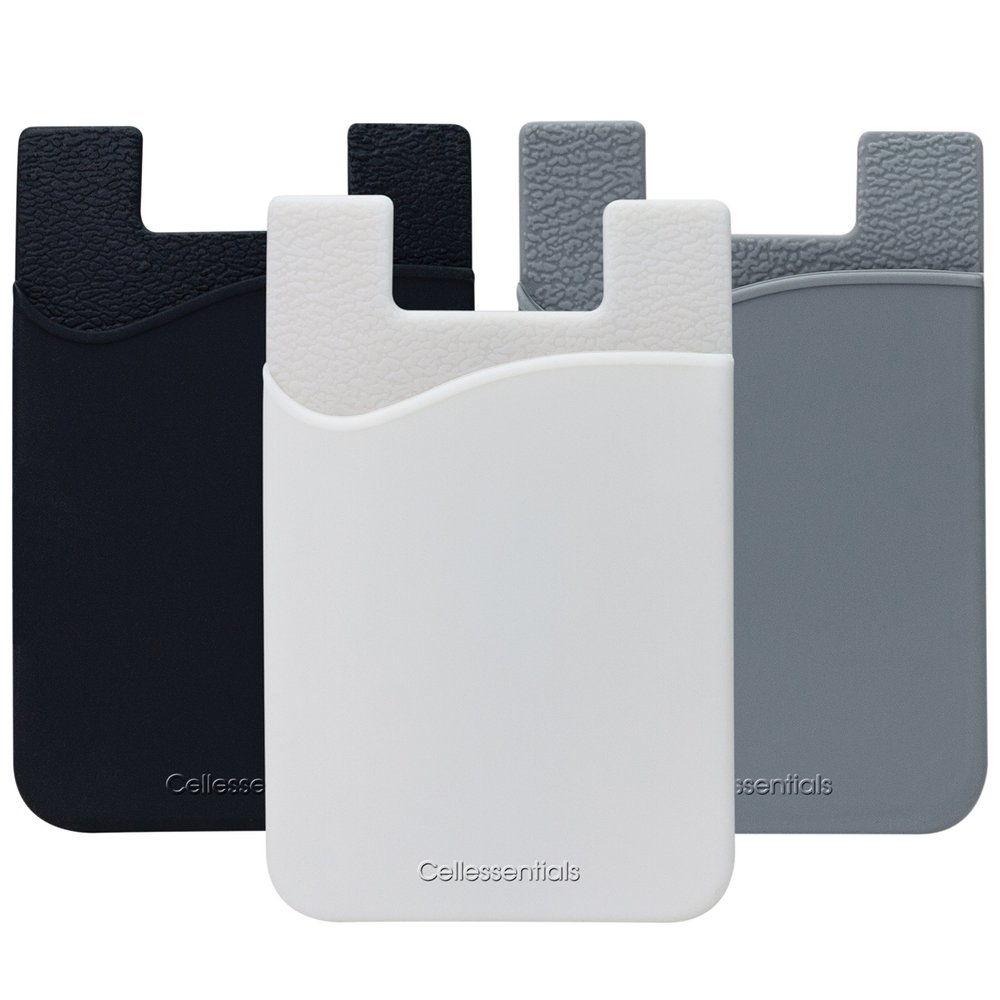 Cellessentials USA Merchant Redesigned Card Holder - Silicone Stick on Cell Phone Wallet with Pocket for Credit Card ID Business Card - iPhone Android & Smartphones (Black, White, Grey)