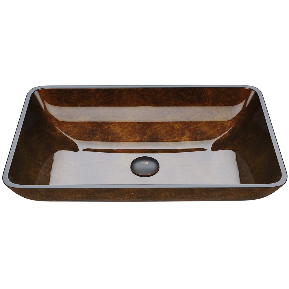 Vigo Vessel Sink Brown - 23 Artistic Rectangular Bathroom Vessel Sink, Tempered Glass Above Counter Sink with NonStickShield & QuickDrain, Modern Luxury Design