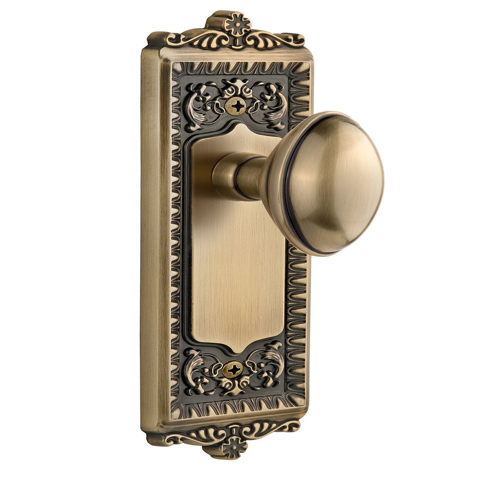 Grandeur Windsor Plate with Eden Prairie Knob, Passage - 2.375", Vintage Brass