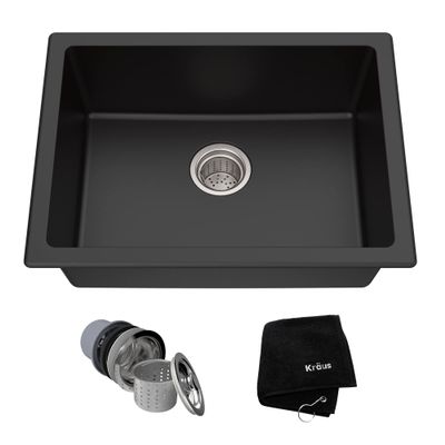 KRAUS Quarza 24-inch Kitchen Sink Drop-In/Undermount Single Bowl Granite Kitchen Sink Black Onyx, KGD-410B