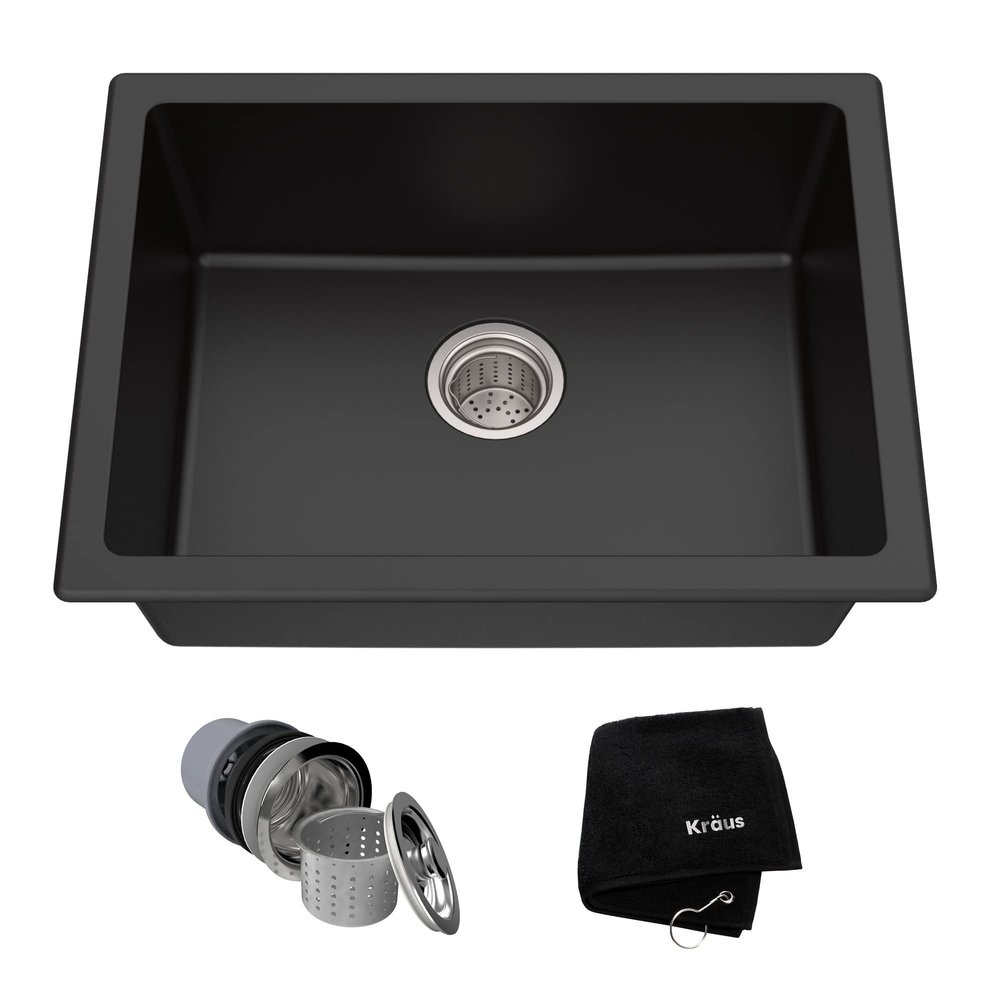 KRAUS Quarza 24-inch Kitchen Sink Drop-In/Undermount Single Bowl Granite Kitchen Sink Black Onyx, KGD-410B
