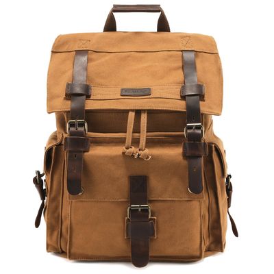 Kattee Mens Leather Canvas Backpack Large School Bag Travel Rucksack Khaki
