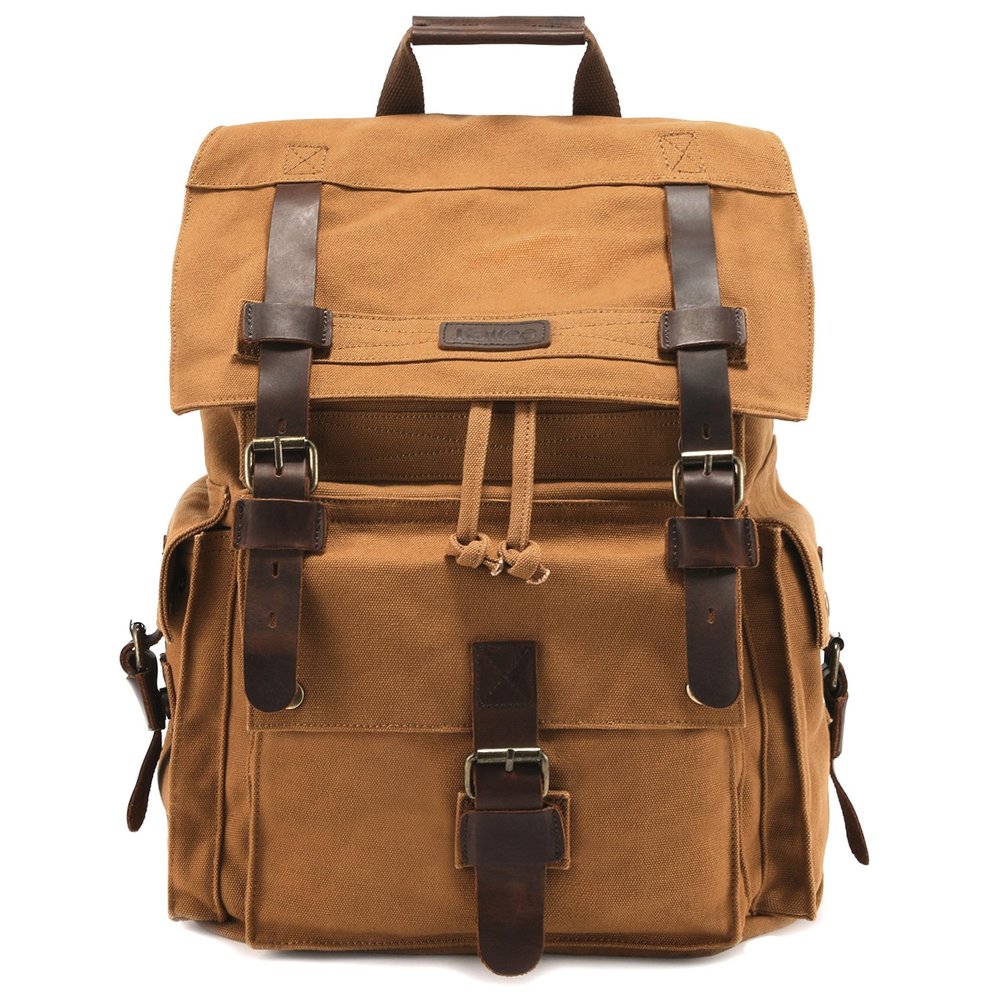 Kattee Mens Leather Canvas Backpack Large School Bag Travel Rucksack Khaki