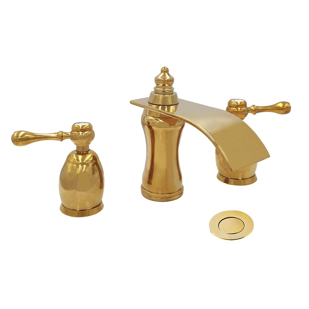 Wovier Shiny Polished Gold 8-16 Inch Widespread Waterfall Bathroom Sink Faucet,Two Handle Three Hole Lavatory Faucet,Basin Mixer Tap with Pop Up Drain,French Gold