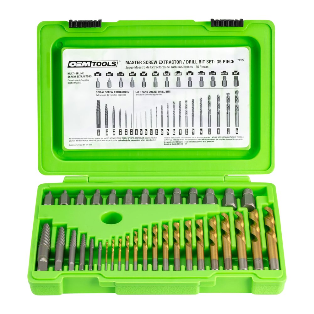 OEMTOOLS 24377 Master Extractor and Drill Bit Set, Broken Fastener and Stud Removal, Spiral Extractors and Cobalt Left-Hand Drill Bits, 35 Piece Kit