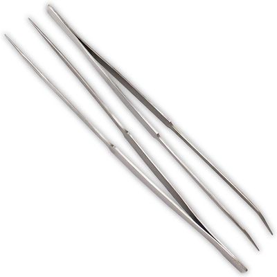 Jewel Tool 10 Inch Stainless Steel Pointed Tip Tweezers | Straight and Slanted With Plastic Protector On Tip | Smooth Jaws No Teeth | Great For Professional Jeweler, Hobbyist, or DIY