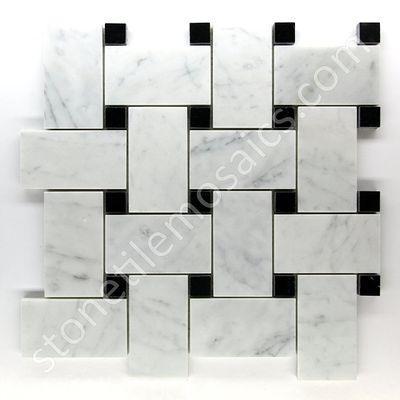 Carrara Marble Italian White Bianco Carrera Large Size Big Basketweave Mosaic Tile with Nero Black Dots Honed