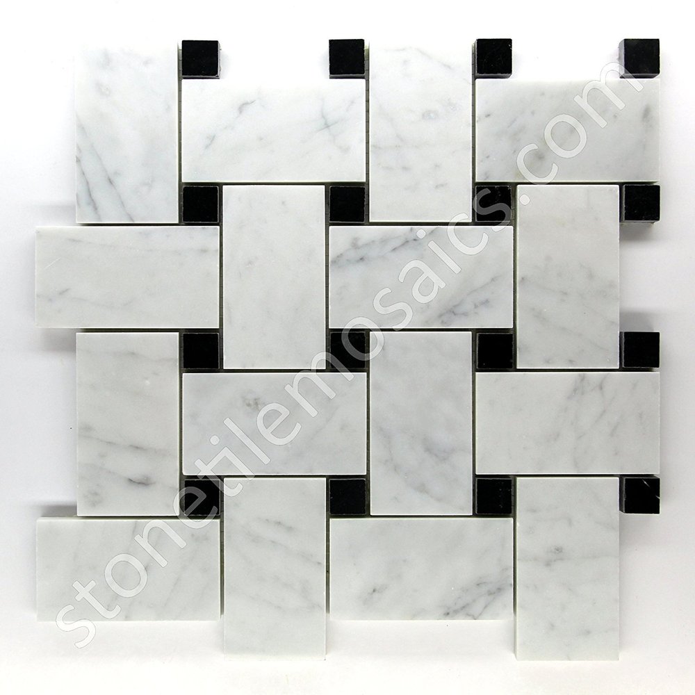 Carrara Marble Italian White Bianco Carrera Large Size Big Basketweave Mosaic Tile with Nero Black Dots Honed