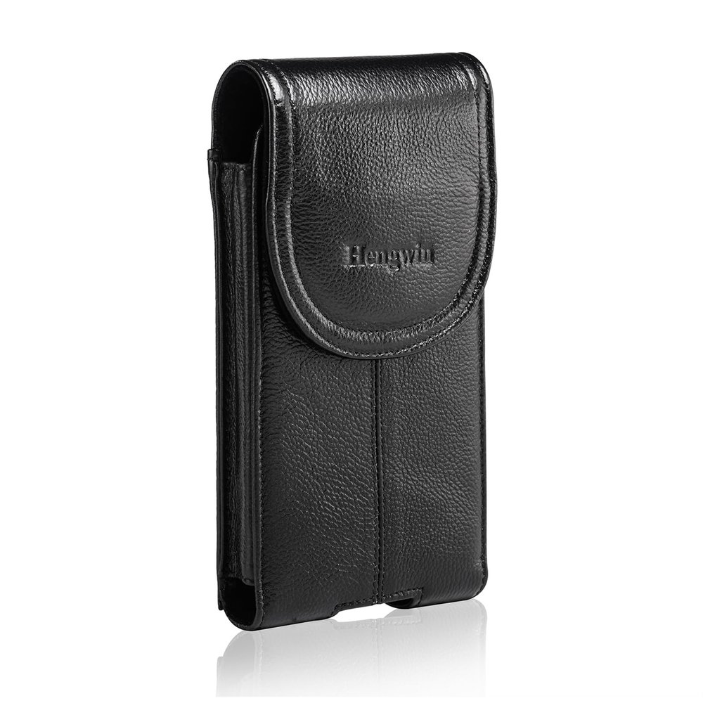 Hengwin Genuine Leather Cell Phone Holster for Belt Men, Vertical Phone Holder Belt Pouch Fits for iPhone 15 Pro Max 14 Pro Max 13 Pro Max Samsung Galaxy S24 Ultra Note9 Case with Belt Clip (Black)