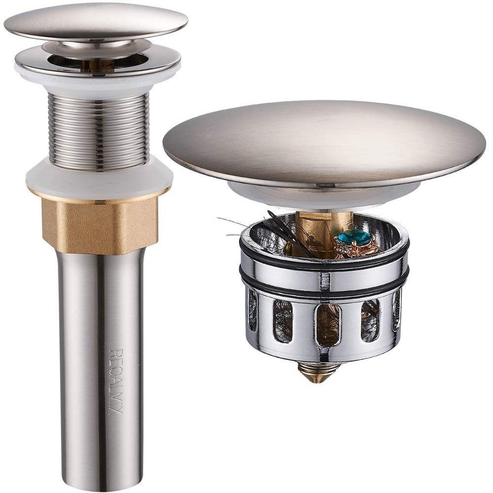 REGALMIX Bathroom Sink Drain, Vessel Sink Pop Up Drain,Built-in Anti-Clogging Strainer, Sink Drain Assembly Without Overflow Brushed Nickel,(1-1/2" to 1-3/4") RWF082B