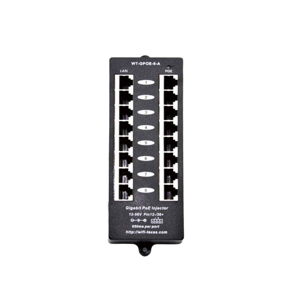 PoE Texas 8 Port PoE Injector - Gigabit Passive Power Over Ethernet Midspan - Front Wall Mount for Security Cameras, IP Phones, WiFi APs - Works with Non-PoE Switch, Includes 48v 120w Power Supply